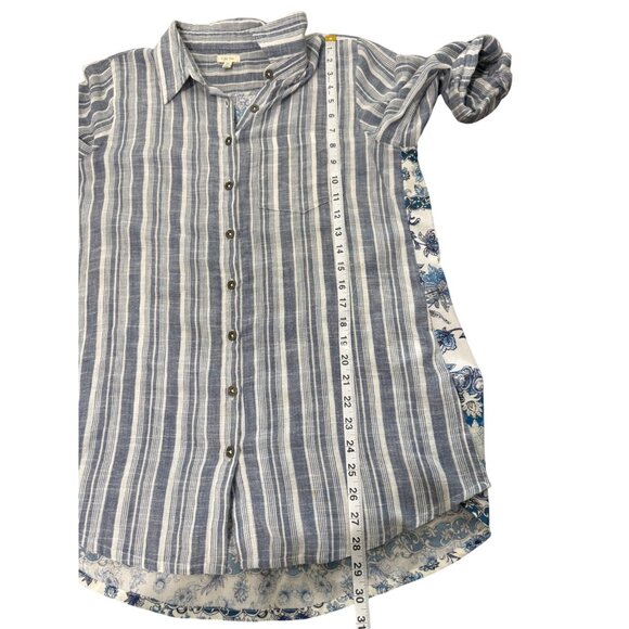 Anthropologie Kyla Seo Tunic Button-Up Top Striped Floral Roll-Tab Sleeve Sz M - Picture 6 of 8